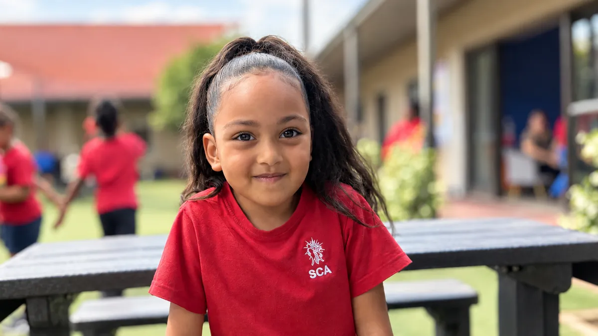A smiling Grade R learner sitting on a bench outdoors